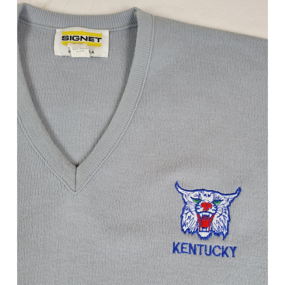 Vintage Signet Kentucky Wildcats V-Neck Sweater Mens XL Blue Made in USA Acrylic